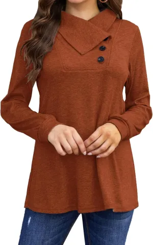 Bluetime Women's Fall Long Sleeve Cowl Neck Button Tunic Tops Lightweight Sweatshirts