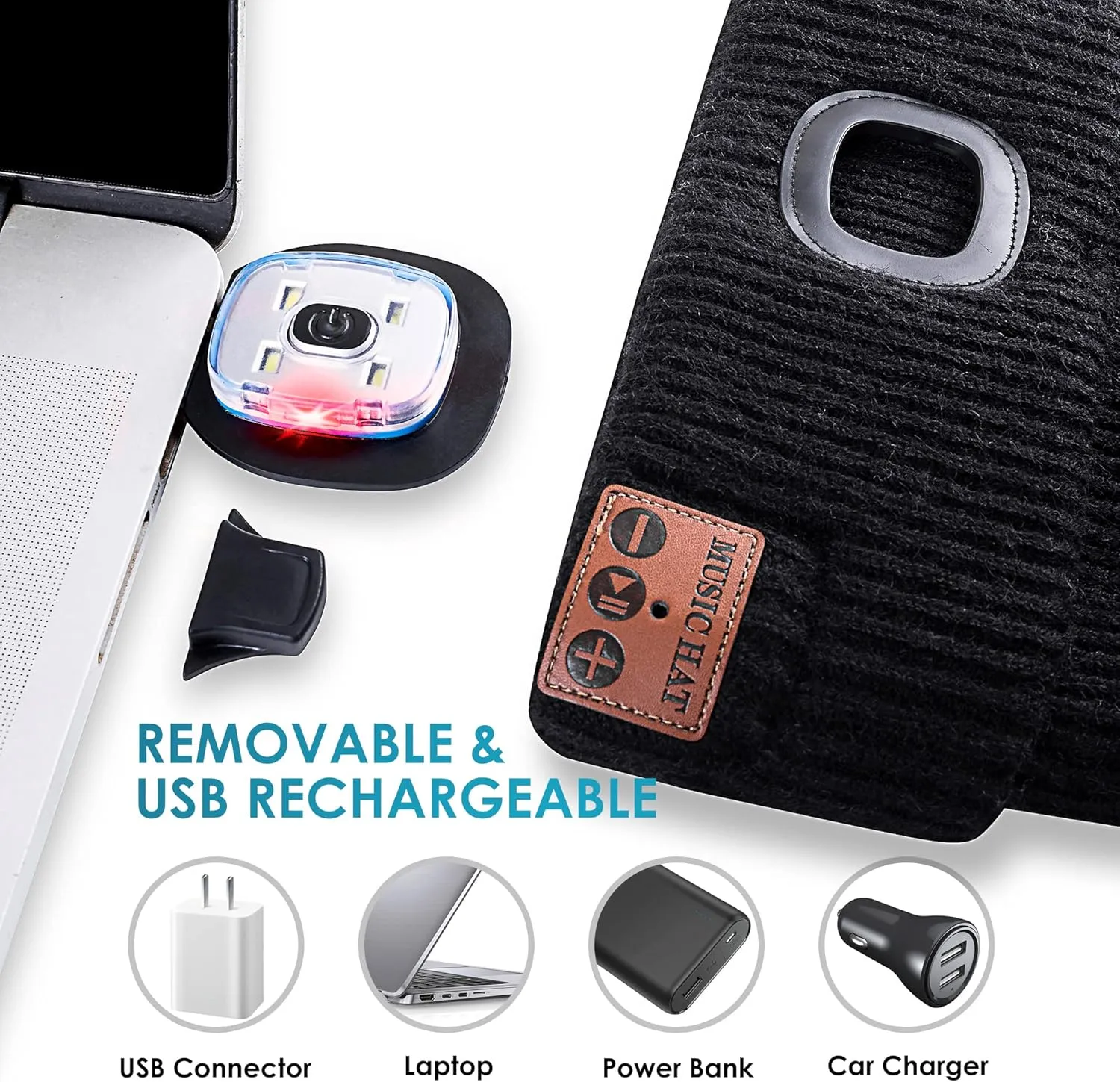 Bluetooth Beanie Hat with Light for Men, Rechargeable 4 Led Headlamp Cap Wireless Headphones, Unique Gifts for Men Dad Teen-Grey