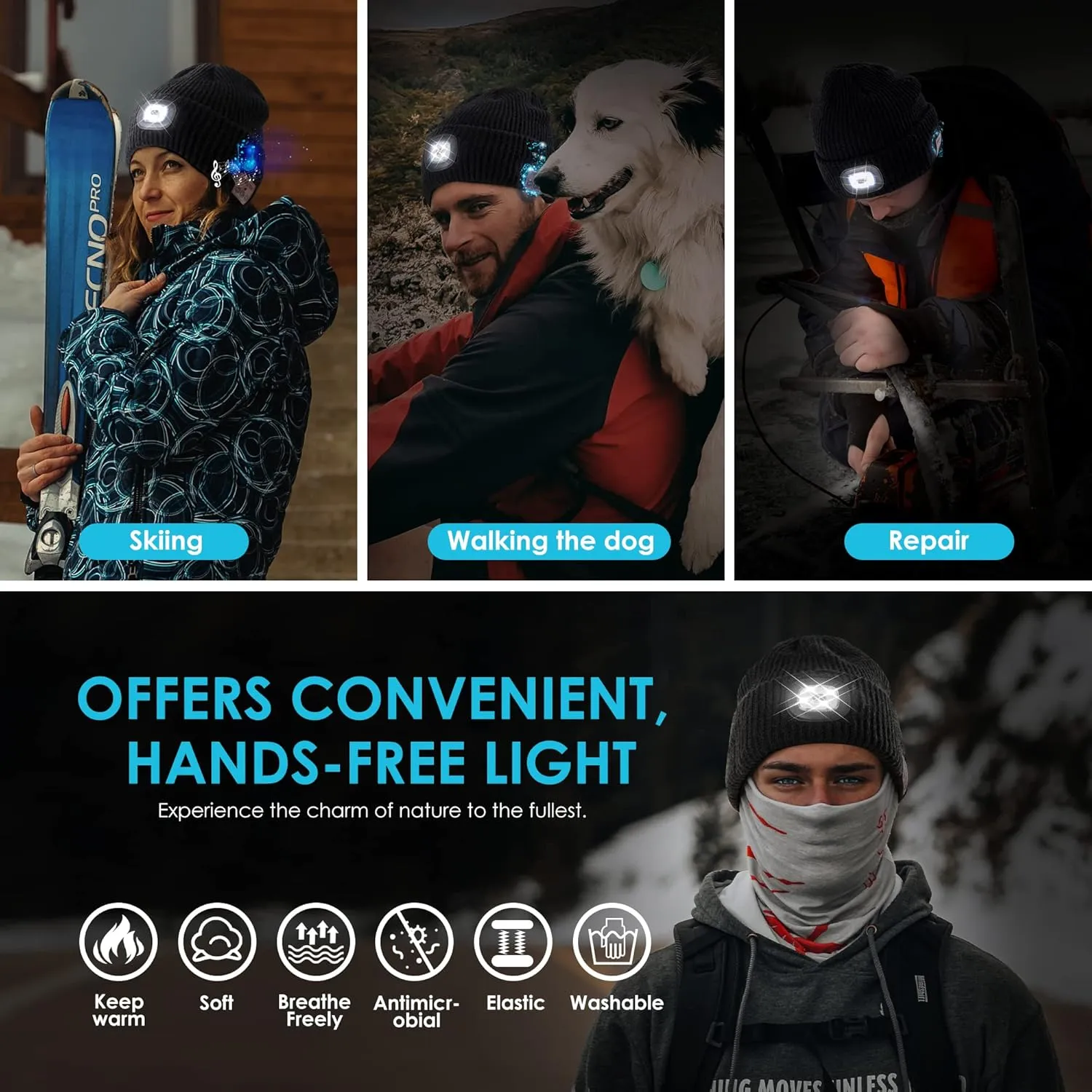 Bluetooth Beanie Hat with Light for Men, Rechargeable 4 Led Headlamp Cap Wireless Headphones, Unique Gifts for Men Dad Teen-Grey
