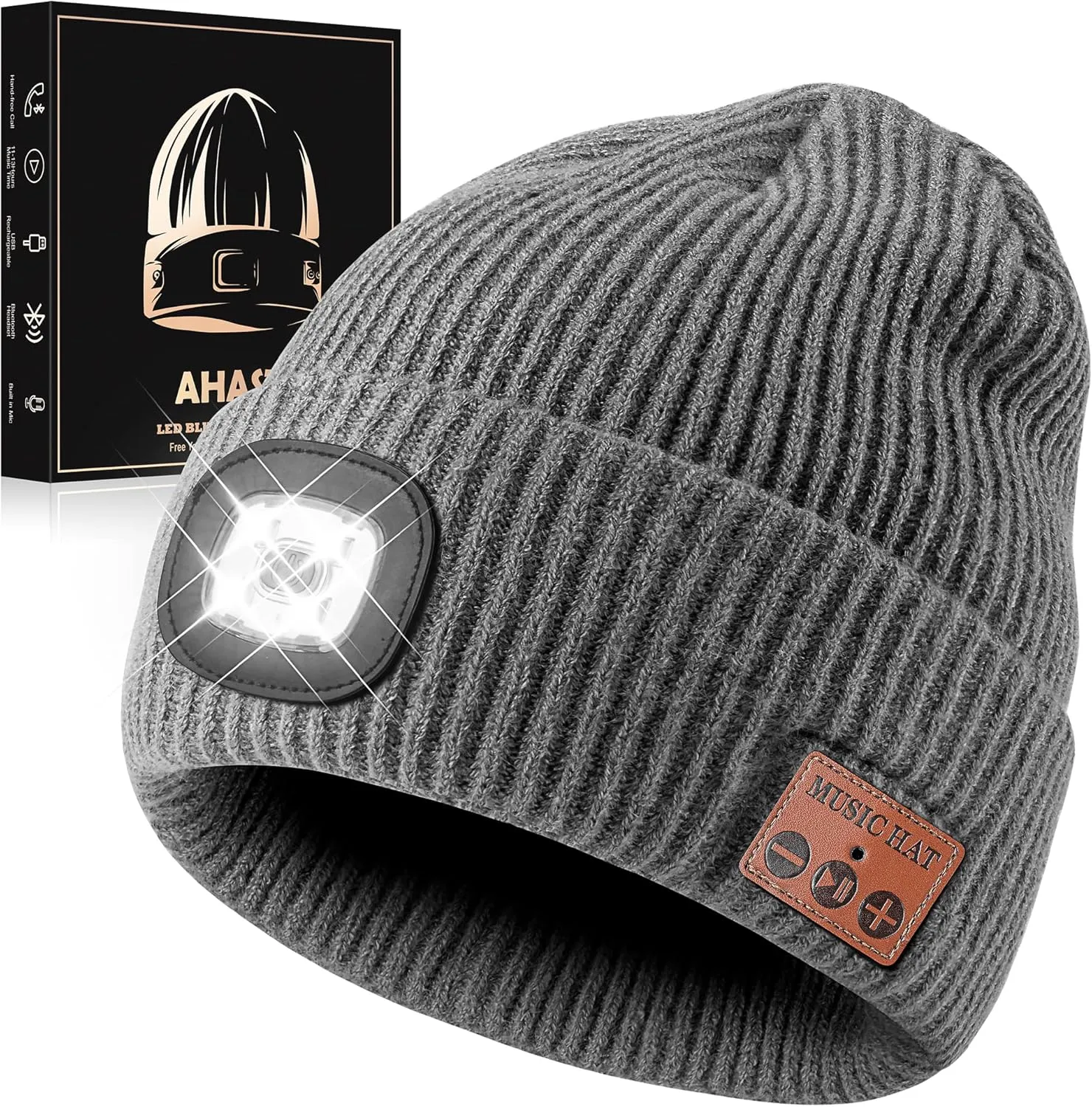 Bluetooth Beanie Hat with Light for Men, Rechargeable 4 Led Headlamp Cap Wireless Headphones, Unique Gifts for Men Dad Teen-Grey