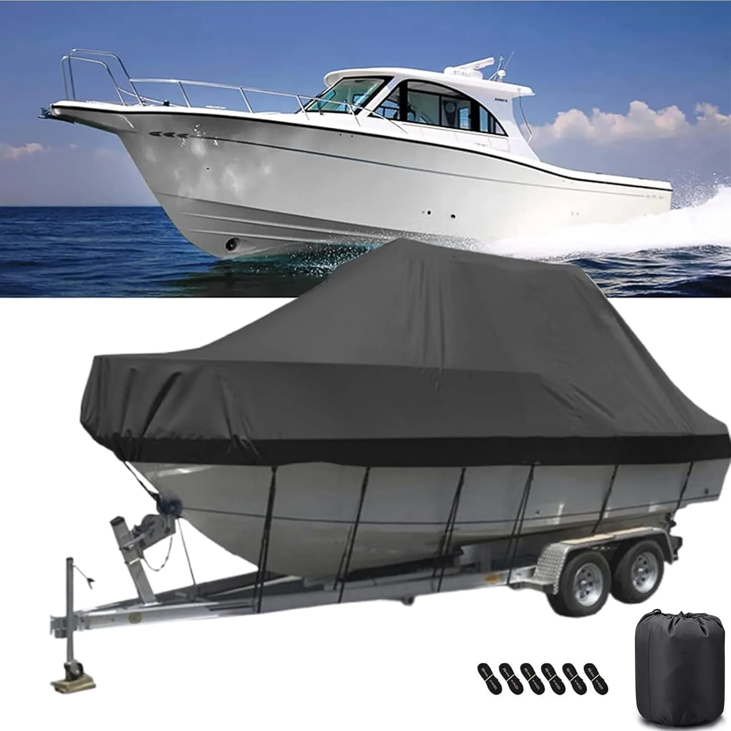 Boat Covers Waterproof Trailerable Boat Cover,Heavy Duty UV Resistant 420D Oxford Fabric Tarp Cover Compatible for Bass Boat Tri-Hull V-Hull Fishing Runabout Boat(Black,14-16FT)
