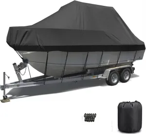 Boat Covers Waterproof Trailerable Boat Cover,Heavy Duty UV Resistant 420D Oxford Fabric Tarp Cover Compatible for Bass Boat Tri-Hull V-Hull Fishing Runabout Boat(Black,14-16FT)