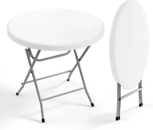 Bonnlo Round Folding Table 32 inch, HDPE Plastic Small Tabletop with Steel Frame Foldable Card Table for Indoor Outdoor Outside Dining, Party and Commercial Event, White