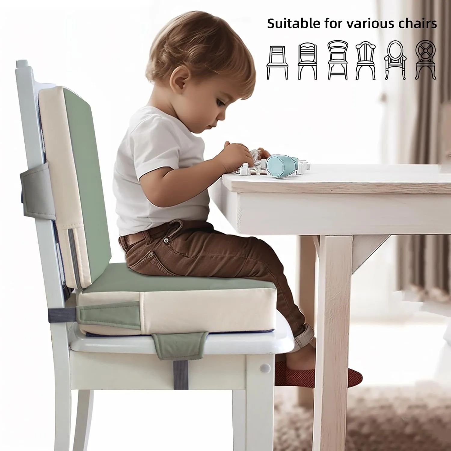 Booster Seat for Dining Table, PU Anti-Scratch Easy Cleaning Kids Toddler Booster Seat for Table, Portable Travel Increasing Cushion for Chair - Green