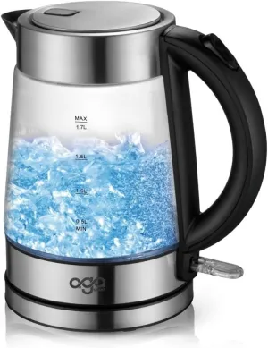 Borosilicate Glass Electric Water Kettle 1.7L, 1500W-1800W, BPA-Free, Silver Body