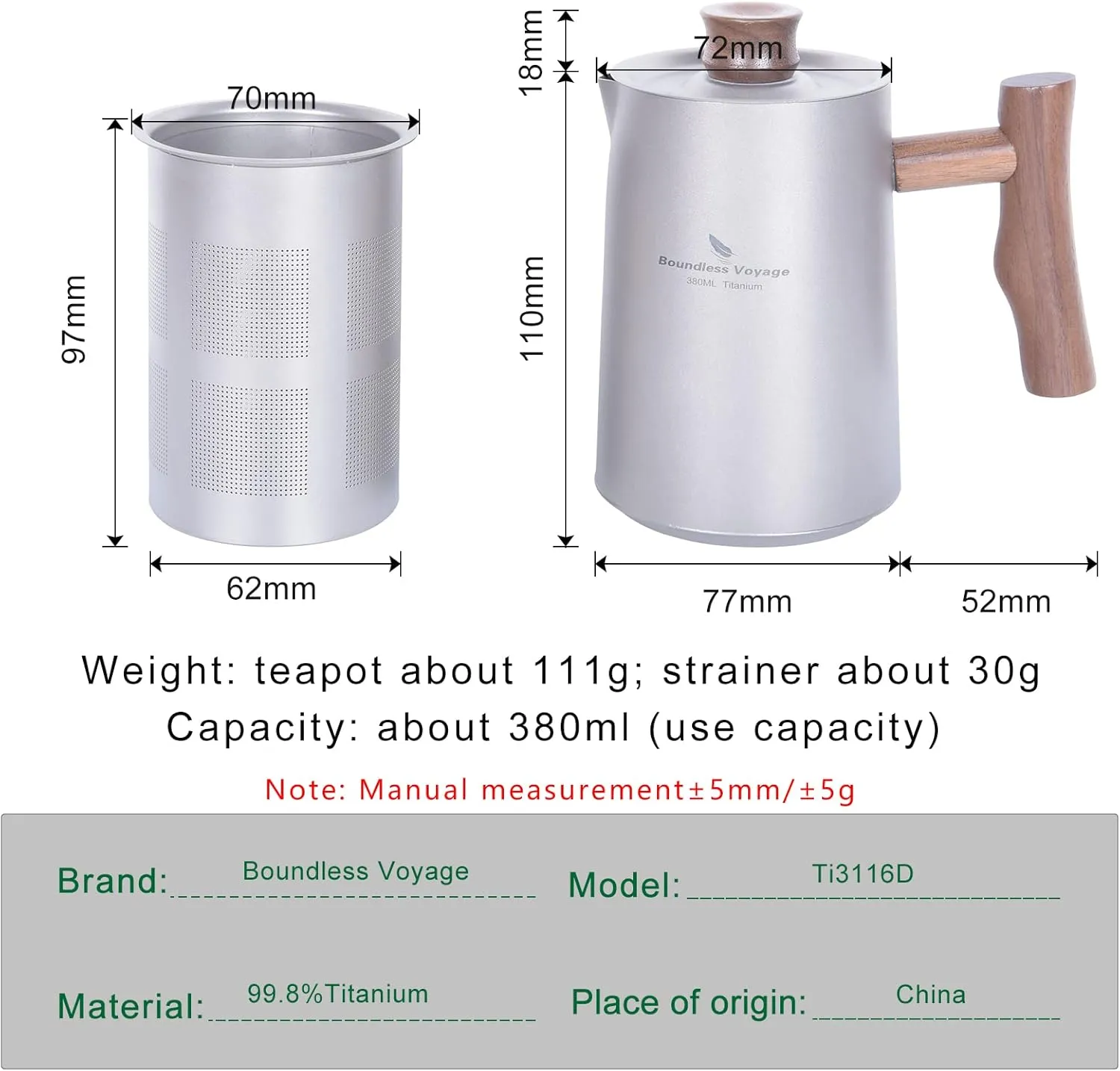 Boundless Voyage Camping Titanium Cup, Mug Ultralight Camping Travel Tea Service Water Cup Outdoor Coffee Pot Kettle Cups Drinkware with Foldable Handle (380ML Kettle) Ti3116D