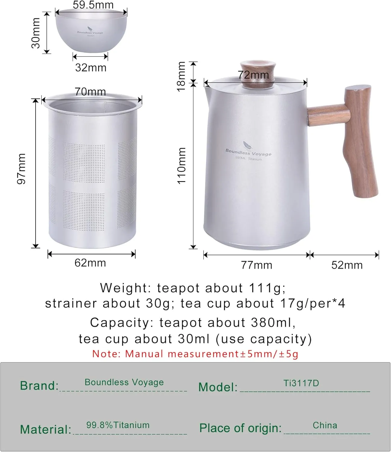 Boundless Voyage Camping Titanium Cup, Mug Ultralight Camping Travel Tea Service Water Cup Outdoor Coffee Pot Kettle Cups Drinkware with Foldable Handle (Kettle 4cups(titanium color) Ti3117D