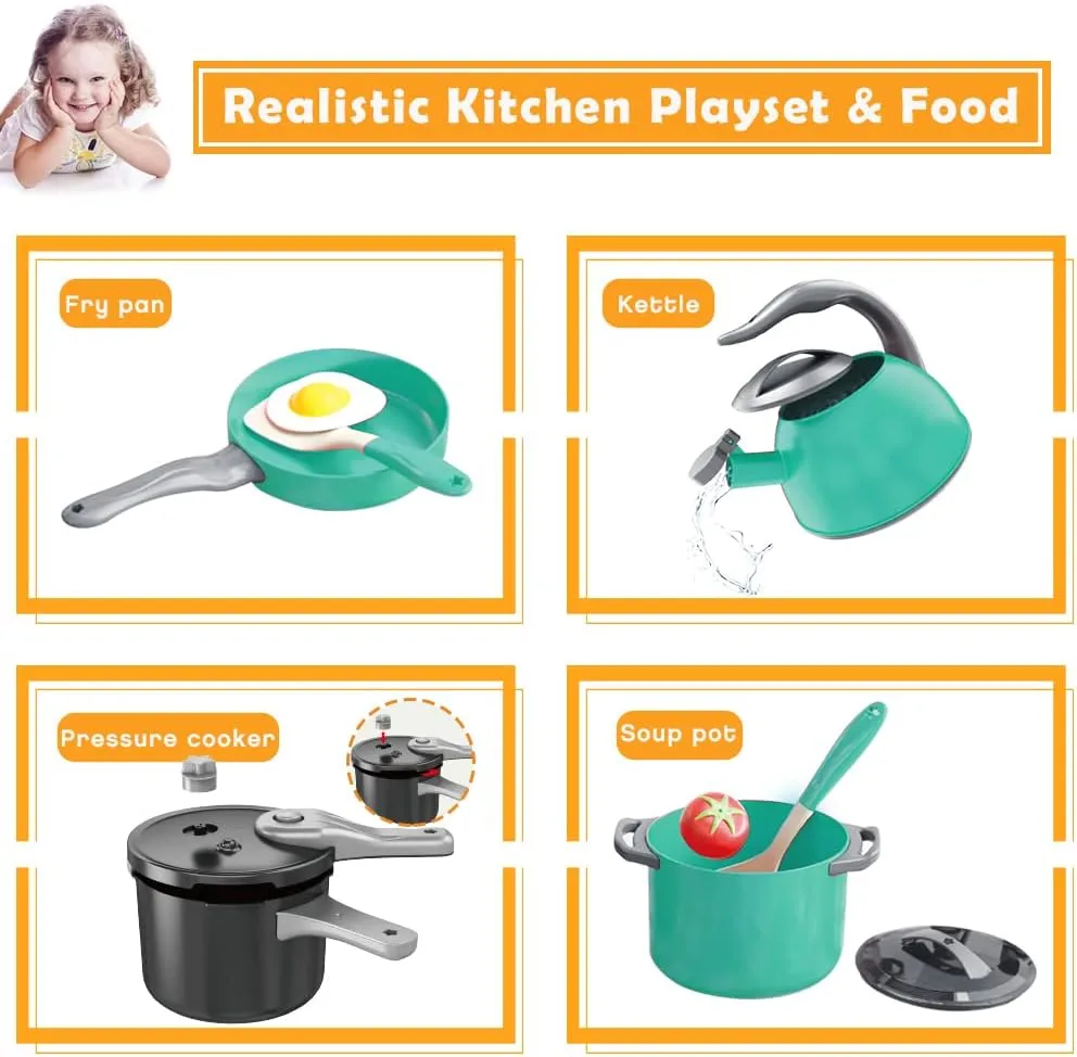 Bruvoalon 32Pcs Kids Play Kitchen Toys Set, Toddlers Pretend Cooking Playset Acccessories with Pots Pans, Utensils Cookware, Foods, Canned Veges, Learning Gift for Kids Girls Boys (Green)