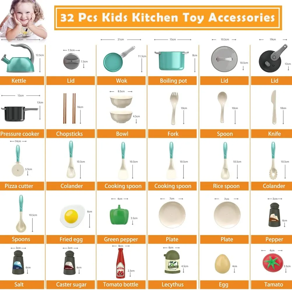 Bruvoalon 32Pcs Kids Play Kitchen Toys Set, Toddlers Pretend Cooking Playset Acccessories with Pots Pans, Utensils Cookware, Foods, Canned Veges, Learning Gift for Kids Girls Boys (Green)