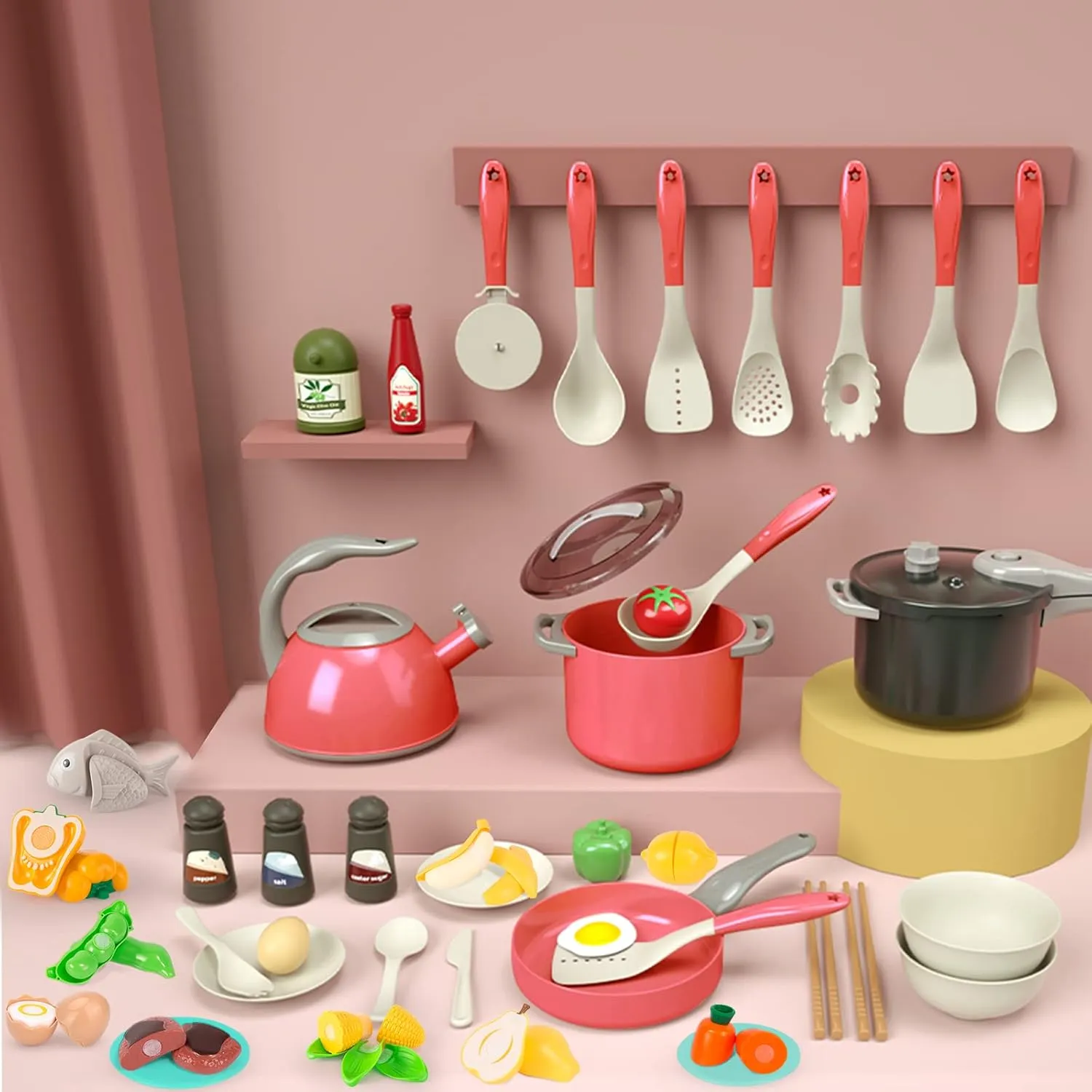 Bruvoalon 67Pcs Kids Play Kitchen Toys Set, Toddlers Pretend Cooking Playset Acccessories with Pots Pans, Utensils Cookware, Foods, Canned Veges, Learning Gift for Kids Girls Boys (Red)