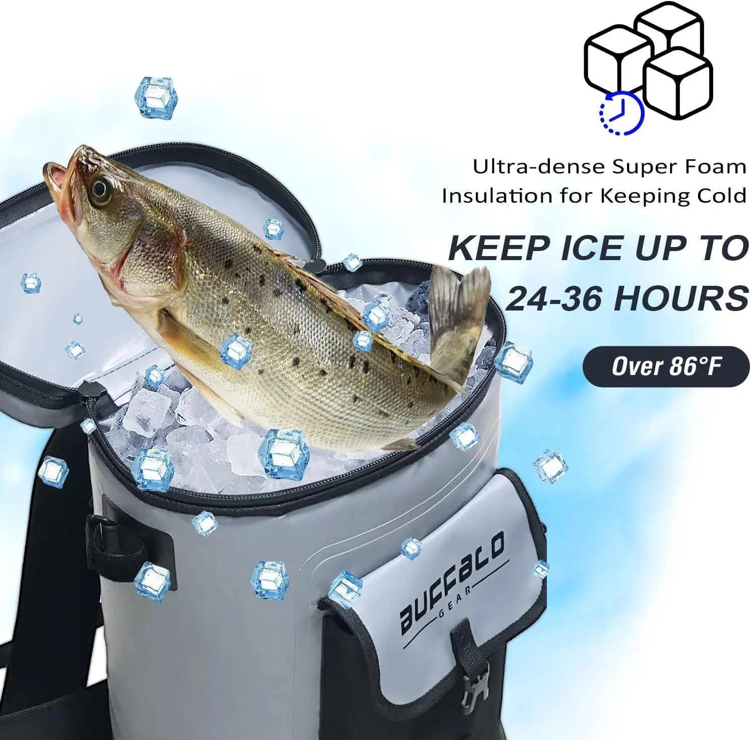 Buffalo Gear Fish Cooler Backpack 32Qt Waterproof Fishing Backpack Cooler Portable Fish Bag, Keep Ice Cold More Than 24 Hours