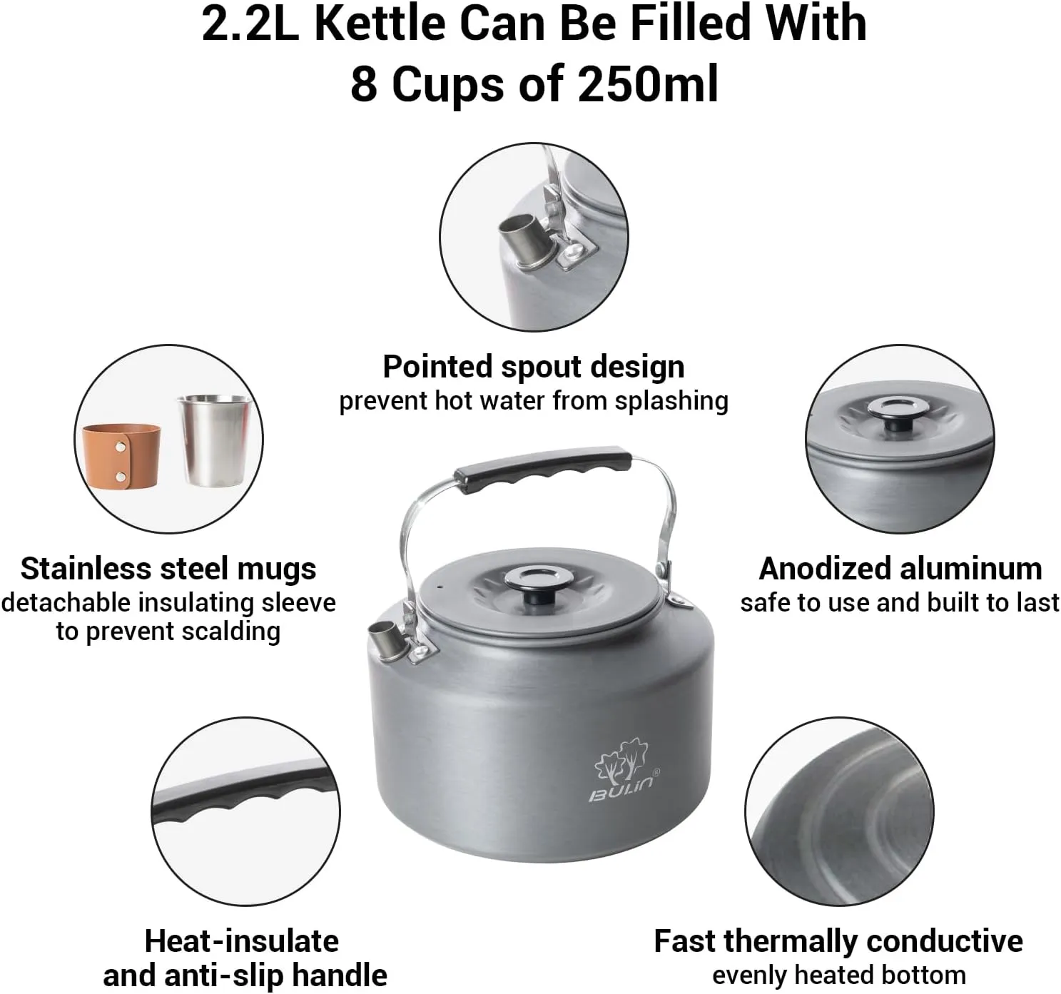 Bulin 2.2L Camping Kettle with 2&4 Stainless Steel Cups for Outdoor Camping Cookware Hiking Backpacking Kitchen Campfire and Picnic, Carrying Bag
