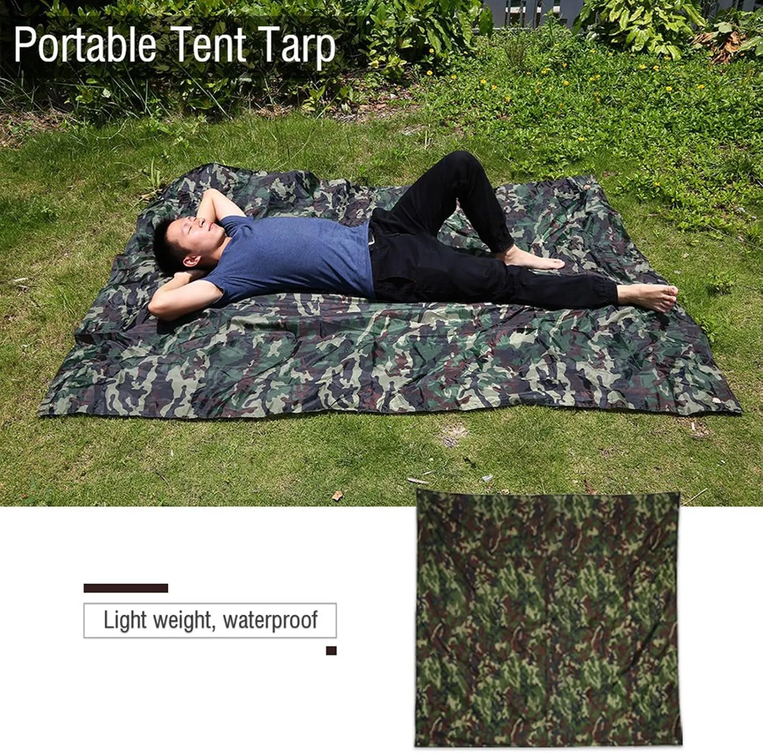 Camouflage Lightweight Portable Tent Tarp, UV Proof Rain Shelter for Camping, Traveling, Fishing and Outdoor Activities, Nylon Fabric, 3 Sizes (2x2m / 6.56x6.56ft)