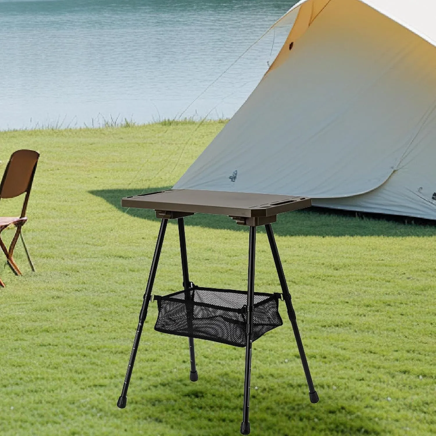 Camp Table Folding Lightweight Furniture Aluminum Alloy with Storage Adjustable Height for Trips Picnic Cooking Beach Kitchen, Dark Green