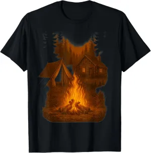 Campfire and Tent in Forest with Cabin Backdrop T-Shirt