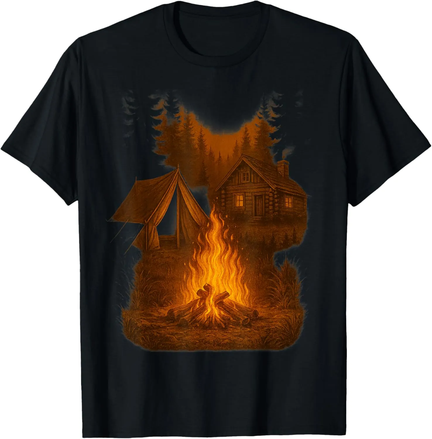 Campfire and Tent in Forest with Cabin Backdrop T-Shirt