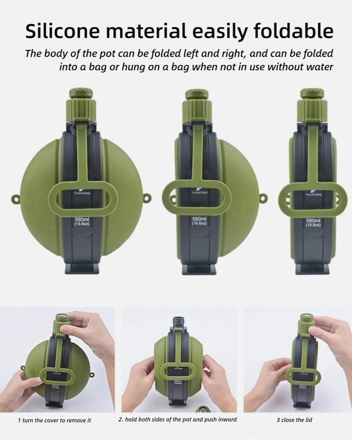 Camping Collapsible Water Bottle | Portable Compass Silicone Hydration Flask 580ml (Black & White)