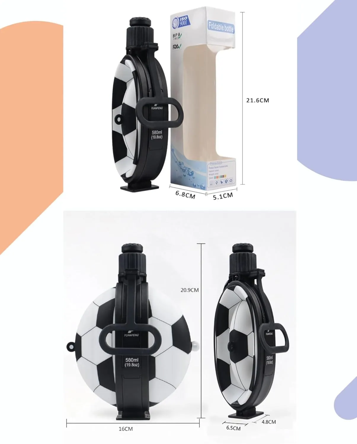 Camping Collapsible Water Bottle | Portable Compass Silicone Hydration Flask 580ml (Black & White)