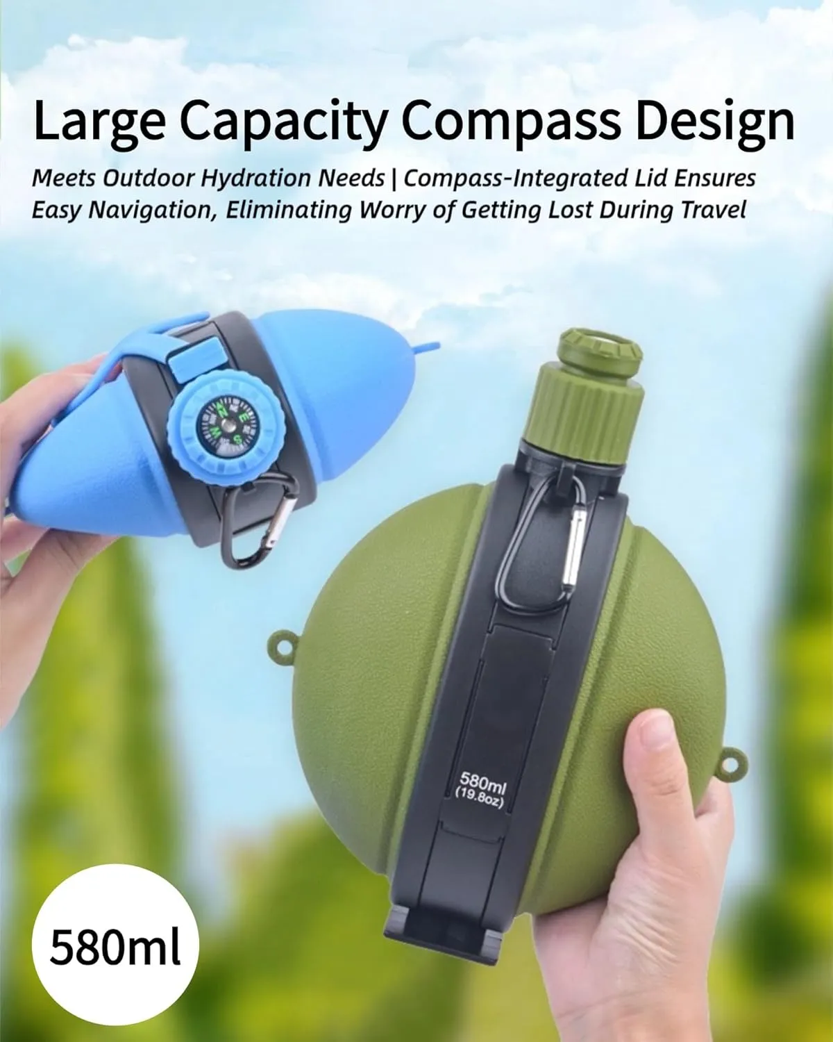 Camping Collapsible Water Bottle | Portable Compass Silicone Hydration Flask 580ml (Black & White)