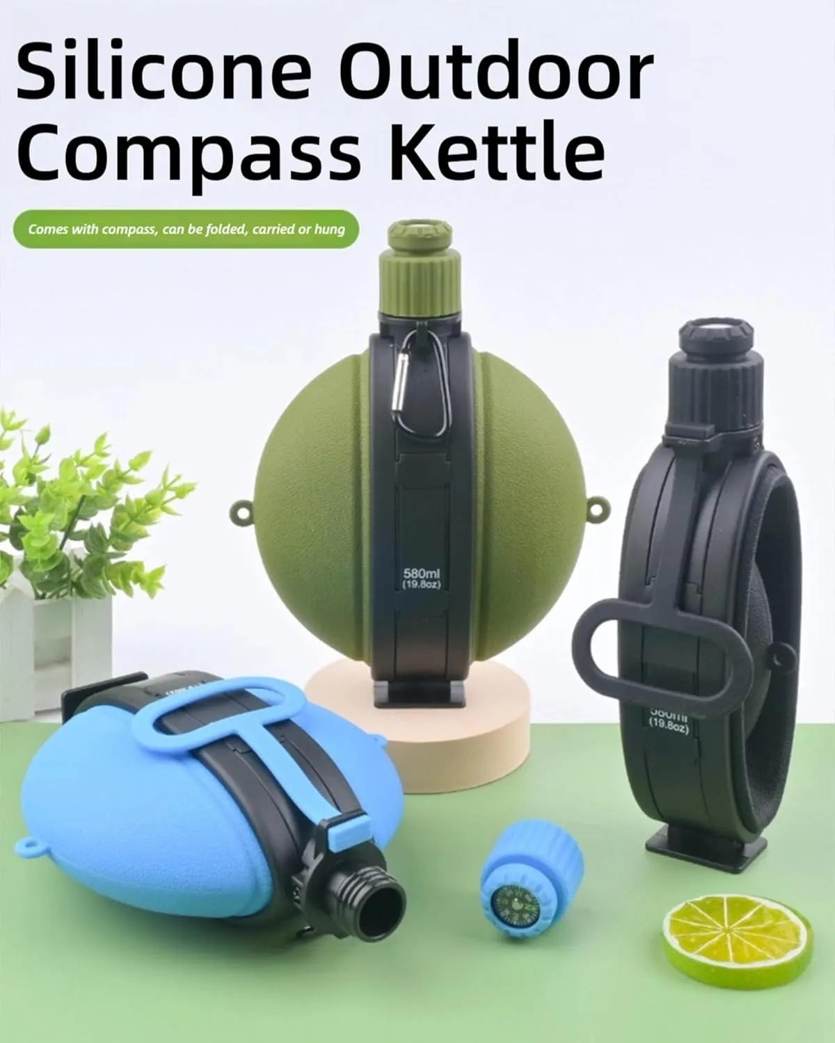 Camping Collapsible Water Bottle | Portable Compass Silicone Hydration Flask 580ml (Black & White)