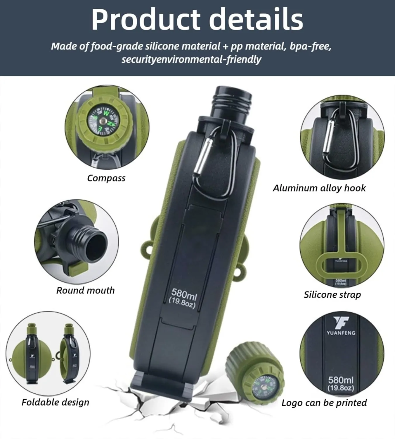 Camping Collapsible Water Bottle | Portable Compass Silicone Hydration Flask 580ml (Black & White)