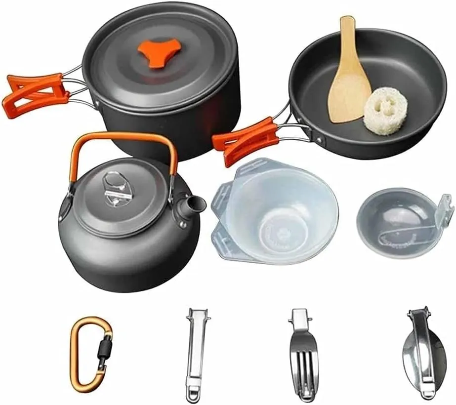 Camping Cookware Kit, Lightweight Aluminum Cooking Set with Kettle, Pan & Pot, Compact Outdoor Tableware for Hiking, Backpacking, Picnic, and BBQ (2-3 People)