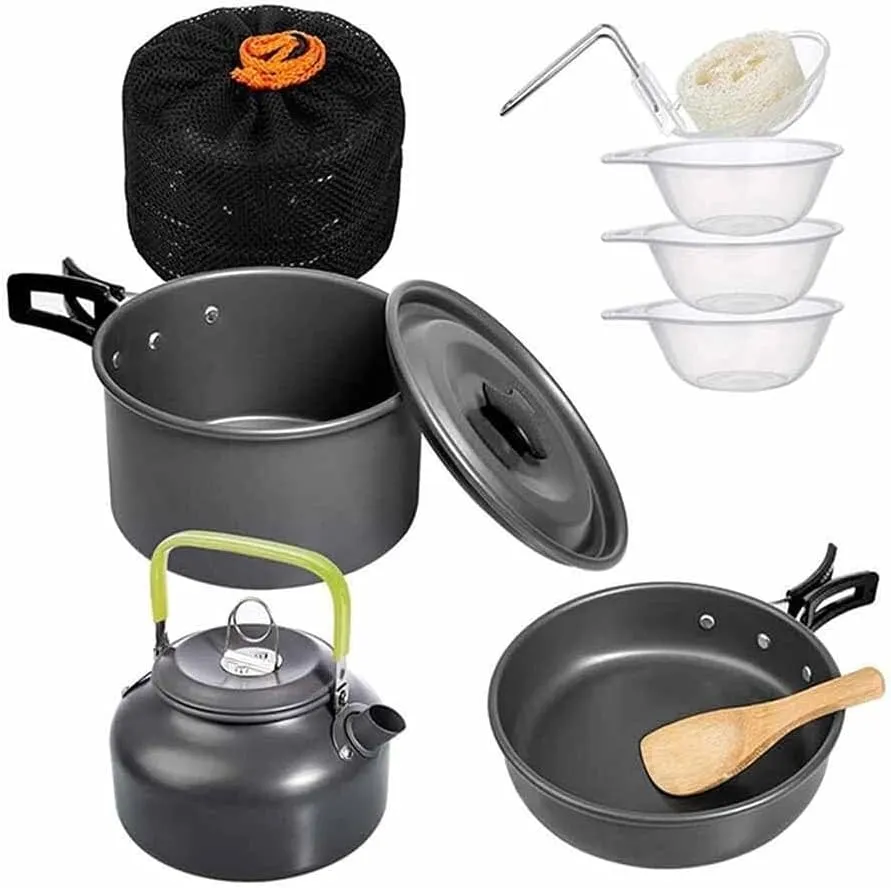 Camping Cookware Kit, Lightweight Outdoor Aluminum Cooking Set with Kettle, Pan, Pot &Tableware for 2-3 People, Compact & Portable for Hiking, Backpacking, Picnic, BBQ