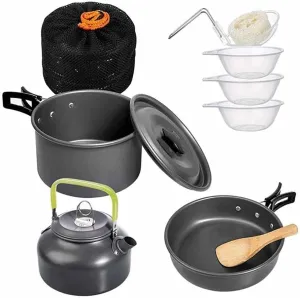 Camping Cookware Kit, Lightweight Outdoor Aluminum Cooking Set with Kettle, Pan, Pot &Tableware for 2-3 People, Compact & Portable for Hiking, Backpacking, Picnic, BBQ