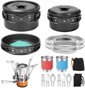 Camping Cookware Kit Non- Stick Lightweight Pot Pan Kettle Set with Stainless Steel Cups Plates for Outdoor Cooking