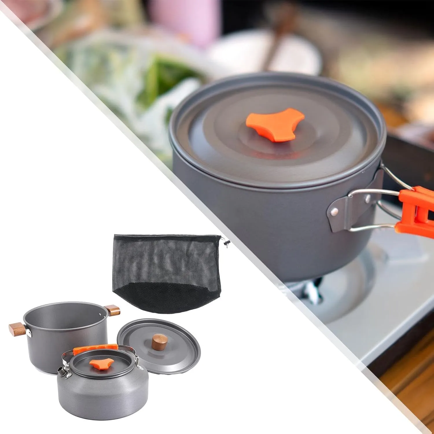 Camping Cookware Kit Pot Portable with Carry Pouch with Wood Handle Stockpot Outdoor Cooking Gear for Traveling Picnic