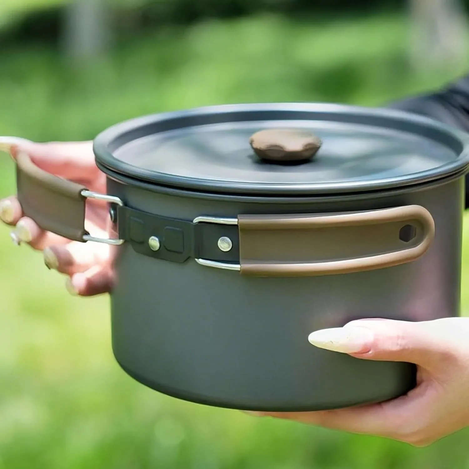 Camping Cookware Mess Kit, Camping Cooking Pot Fry Pan and Kettle Set, Portable Camping Cookware Set with Mesh Bag for Camping, Backpacking, Outdoor Cooking and Picnic