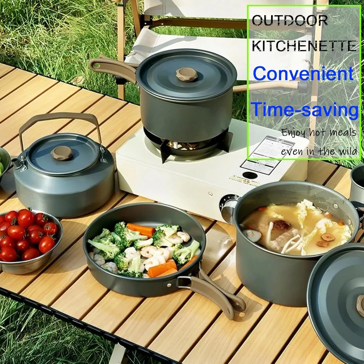 Camping Cookware Mess Kit, Camping Cooking Pot Fry Pan and Kettle Set, Portable Camping Cookware Set with Mesh Bag for Camping, Backpacking, Outdoor Cooking and Picnic