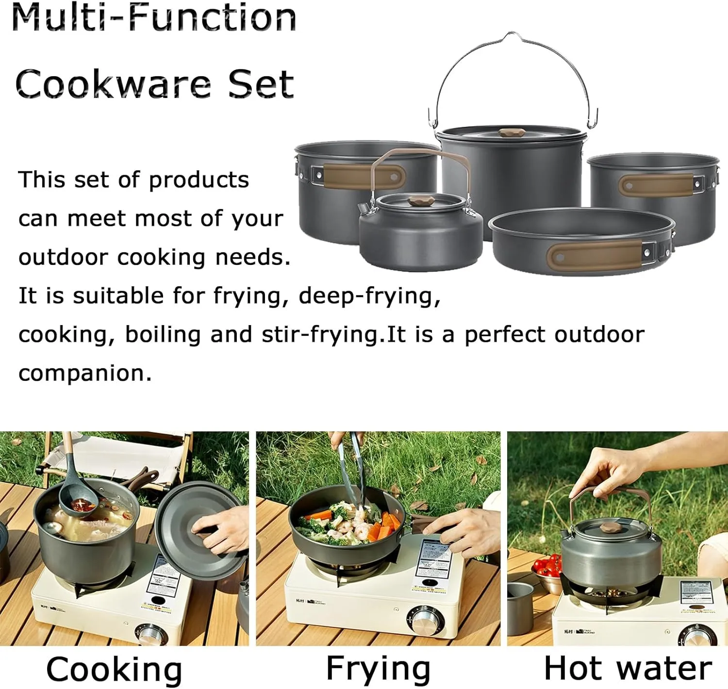 Camping Cookware Mess Kit, Camping Cooking Pot Fry Pan and Kettle Set, Portable Camping Cookware Set with Mesh Bag for Camping, Backpacking, Outdoor Cooking and Picnic