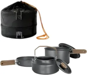 Camping Cookware Mess Kit, Camping Cooking Pot Fry Pan and Kettle Set, Portable Camping Cookware Set with Mesh Bag for Camping, Backpacking, Outdoor Cooking and Picnic