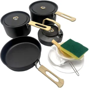 Camping Cookware Set Cooking Utensils Set Portable Plates Frying Pan Kettle Pot Set with Folding Handles for Backpacking BBQ