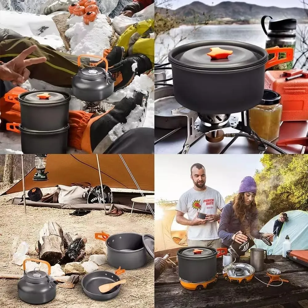 Camping Cookware Set for 2-3 People Non-Stick Stackable Pots and Teapot, Three-Piece Outdoor Camping Large Capacity Frying Pan and Cooking Pot Set