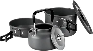Camping Cookware Set for 2-3 People Non-Stick Stackable Pots and Teapot, Three-Piece Outdoor Camping Large Capacity Frying Pan and Cooking Pot Set