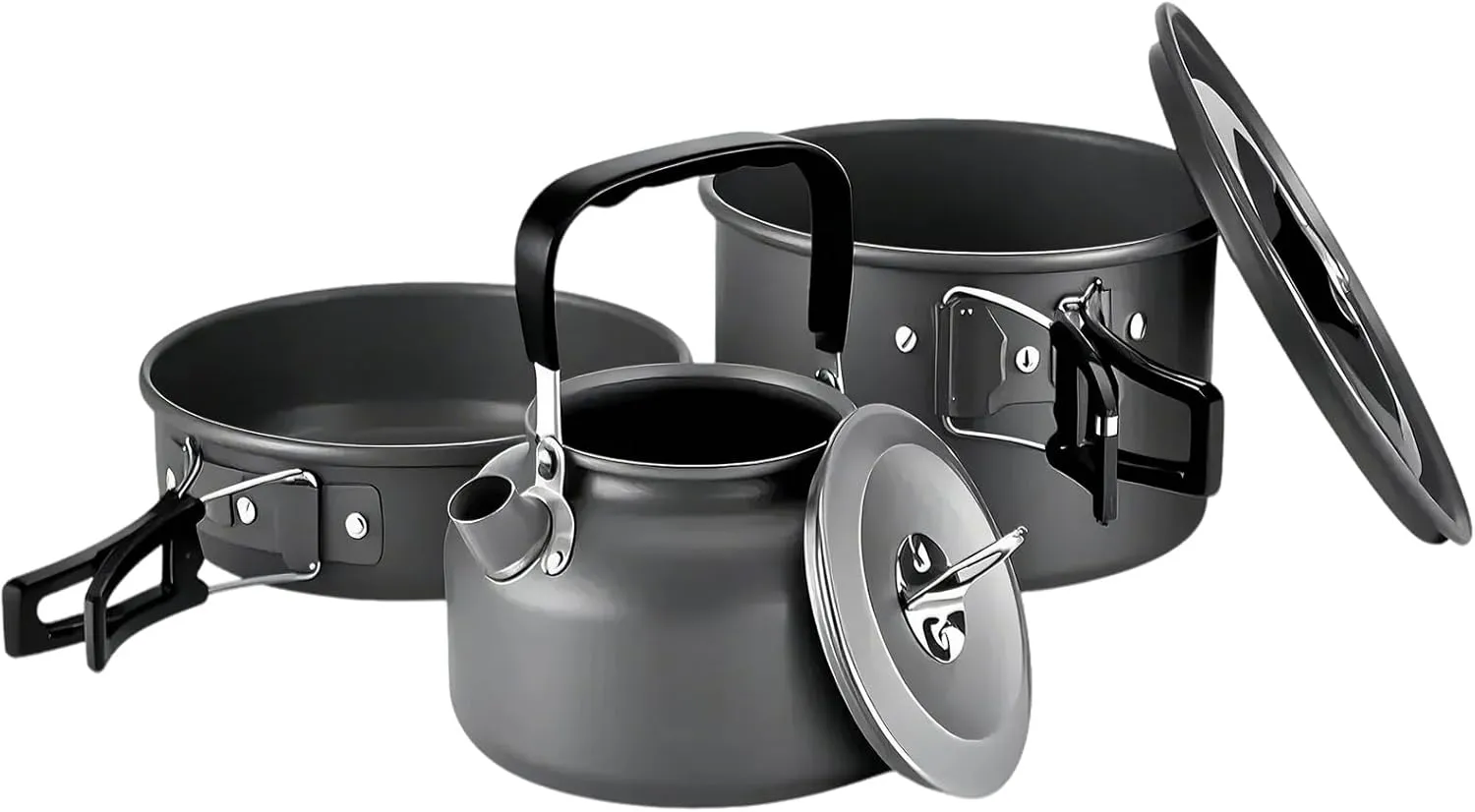 Camping Cookware Set for 2-3 People Non-Stick Stackable Pots and Teapot, Three-Piece Outdoor Camping Large Capacity Frying Pan and Cooking Pot Set