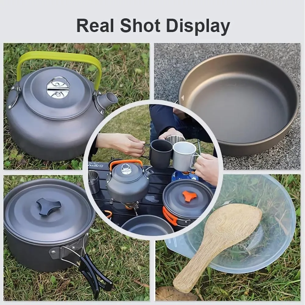 Camping Cookware Set for 2-3 People Non-Stick Stackable Pots and Teapot, Three-Piece Outdoor Camping Large Capacity Frying Pan and Cooking Pot Set