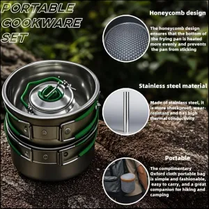 Camping cookware set, including frying pan,pot,kettle, storage bag, suitable for outdoor camping, picnic, backpacking, hiking