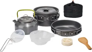 Camping Cookware Set, Non-Stick Lightweight Camping Pots and Pans Set with Kettle Spoons Bowls, 10Pcs Camping Cooking Gear for Outdoor Backpacking, Hiking, Picnic, Black