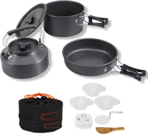 Camping Cookware Set, Non-Stick Lightweight Camping Pots and Pans Set with Kettle Spoons Bowls, 10Pcs Camping Cooking Gear for Outdoor Backpacking, Hiking, Picnic