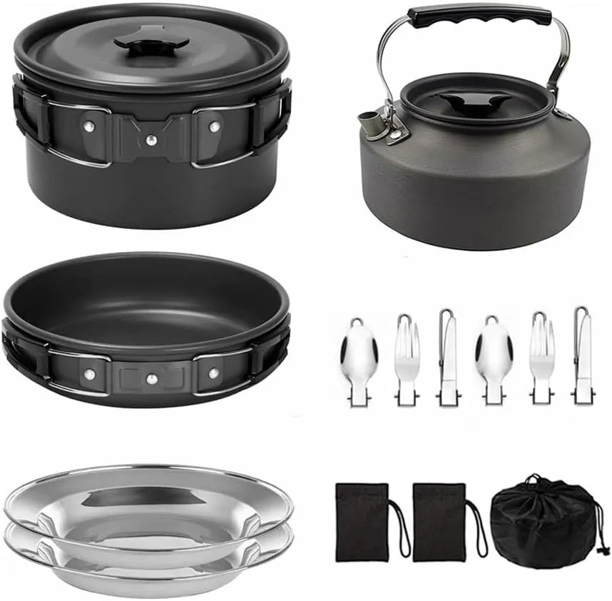 Camping Cookware Set Non-Stick Weight Pot Pan Kettle Set with Stainless Steel Plates and Utensils for Outdoors Cooking Camping Hiking Picnic Backpacking