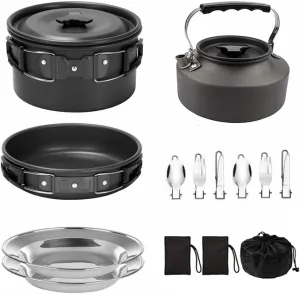 Camping Cookware Set Non-Stick Weight Pot Pan Kettle Set with Stainless Steel Plates and Utensils for Outdoors Cooking Camping Hiking Picnic Backpacking