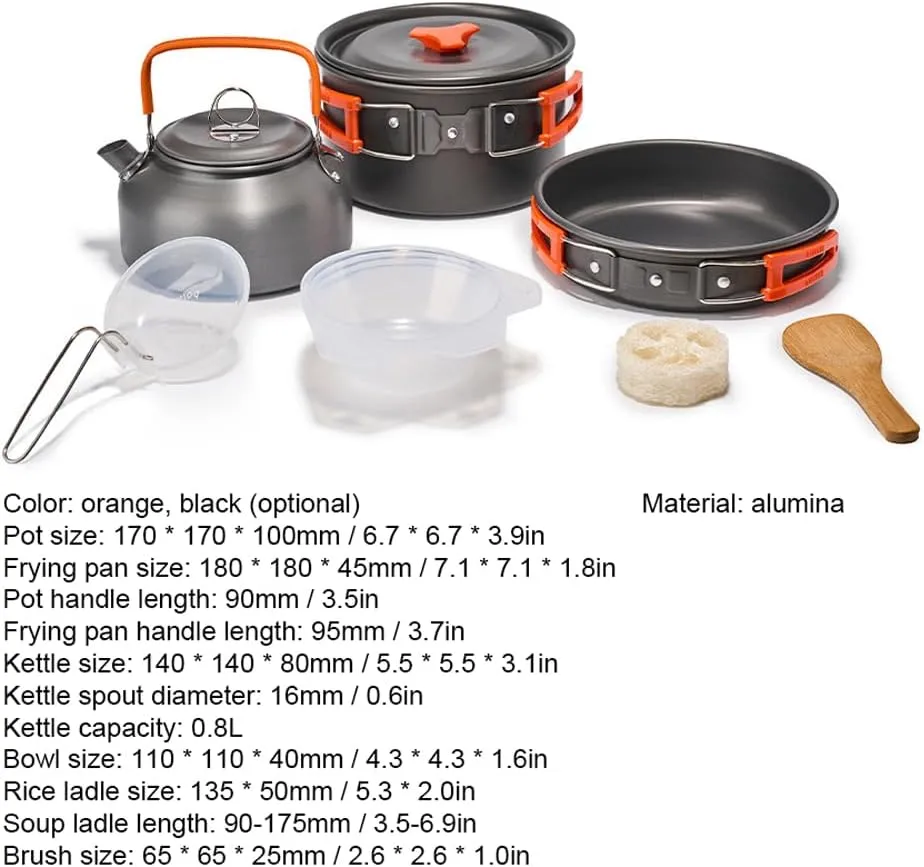 Camping Cookware Set – Portable Outdoor Picnic Kit with Alumina Pot, Frying Pan & Kettle | Lightweight (681g), Compact, Orange/Black