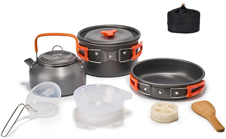 Camping Cookware Set – Portable Outdoor Picnic Kit with Alumina Pot, Frying Pan & Kettle | Lightweight (681g), Compact, Orange/Black