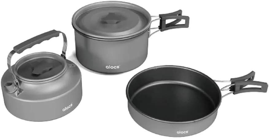 Camping Cookware Set Portable with 1.7L 3L Pots and Frying Pan and 0.8L Water Kettle, Outdoor Camping Pots Pan with Folding Handle and Kettle Combo for Backpacking Hiking Traveling