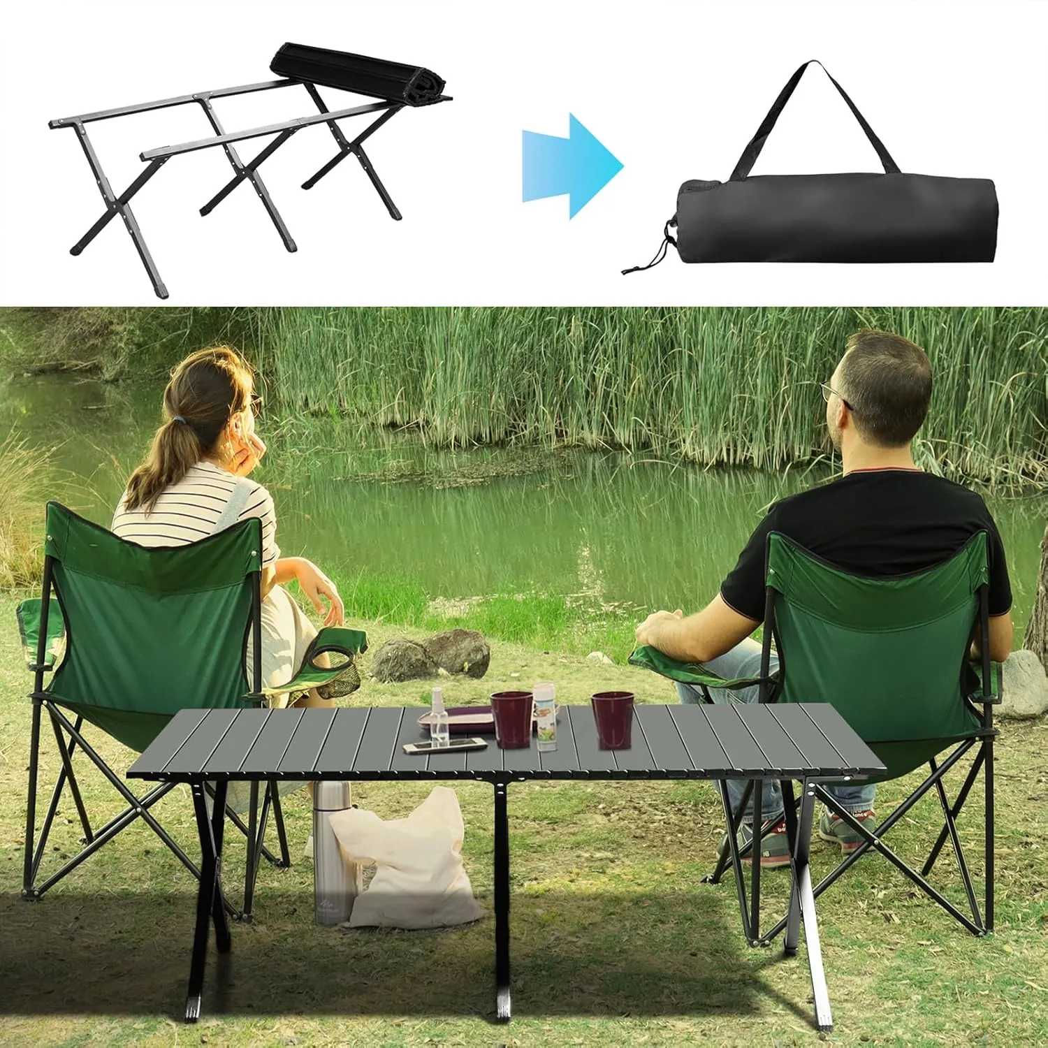 Camping Folding Table with Storage Carry Bag,Roll Up Small Picnic Table,Portable Beach Table,Lightweight Outdoor Side Table for Travel Hiking Backyard BBQ Party Events,Mesa Plegable,Black 3.8 FT