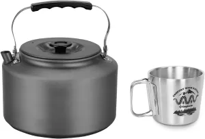 Camping Kettle, 2.2L Large Portable Stovetop Tea Kettle Fast Heating Boiling Hot Water for Open Fire Lightweight Coffee Pot with 12oz Coffee Mug