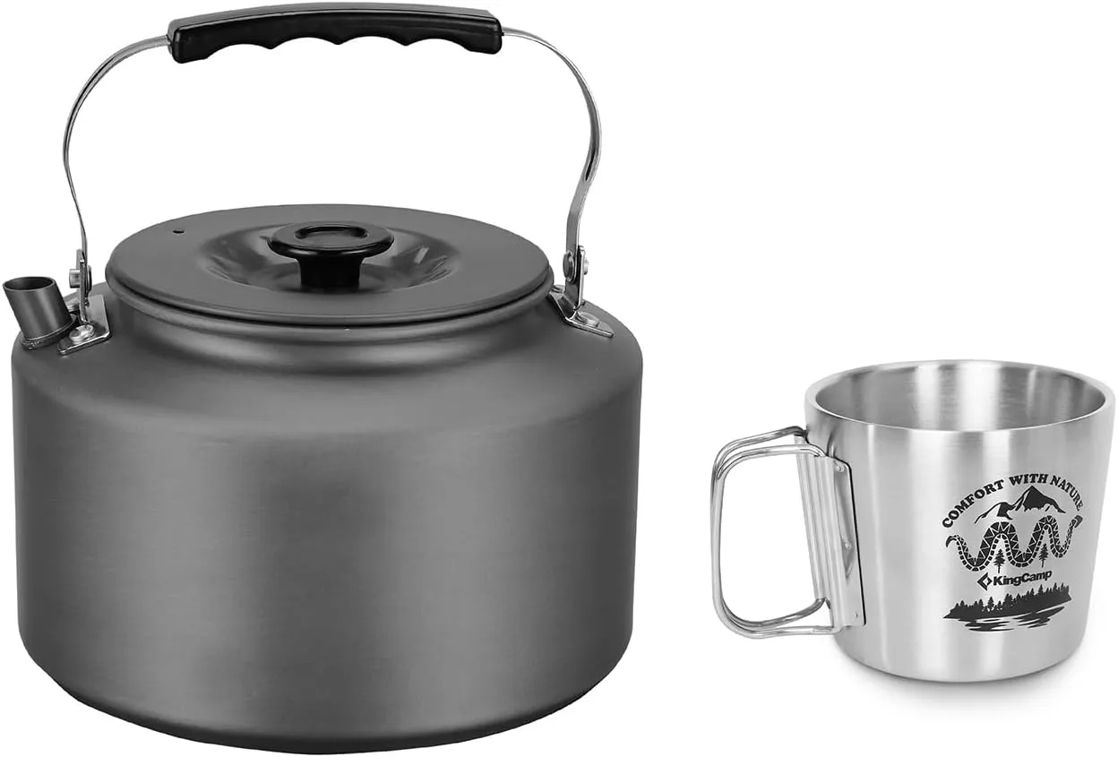 Camping Kettle, 2.2L Large Portable Stovetop Tea Kettle Fast Heating Boiling Hot Water for Open Fire Lightweight Coffee Pot with 12oz Coffee Mug